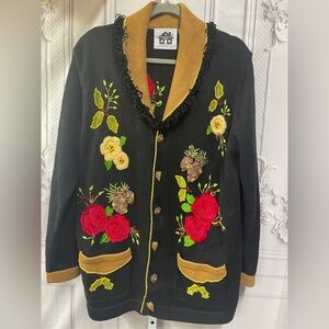Storybook Knits Embroidered Beaded Fringed Roped Holiday L Sweater Cardigan